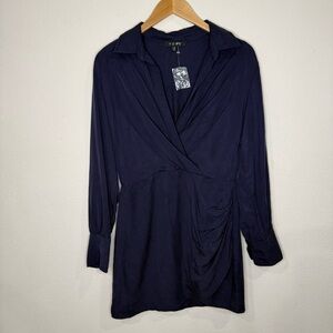 FORE Collared Faux Wrap Mini Dress Tencel Navy Long Sleeve Women’s Size Large